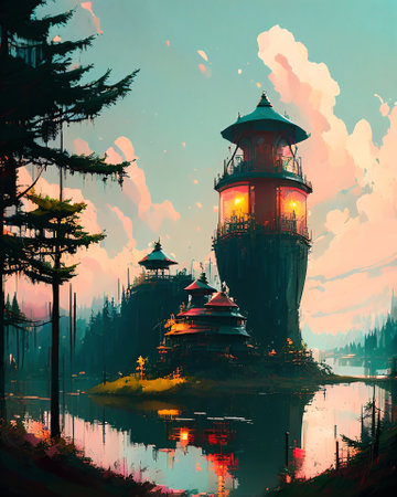 Beautiful temple in the middle of the lake at sunset. Digital painting. AI generatedの素材
