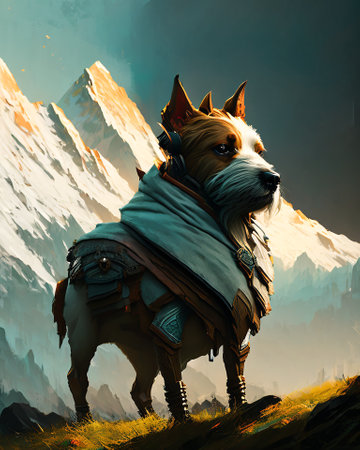 The dog in the mountains. Digital painting. 3D illustration. AI generatedの素材