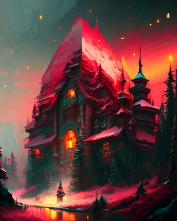 Digital painting of a beautiful temple in the forest with a red light. AI generatedの素材