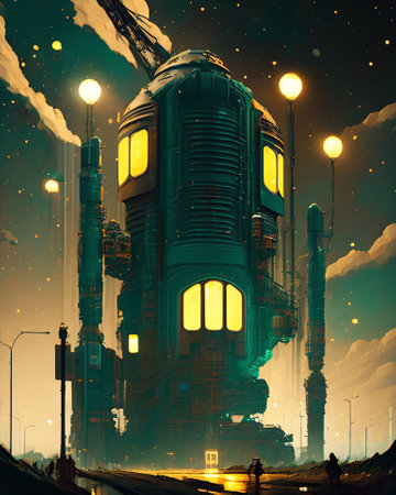 Fantasy illustration of an old steampunk device in a city at night AI Generatedの素材