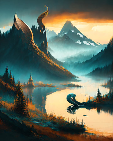 Beautiful mountain landscape with a lake. Digital painting. AI generatedの素材