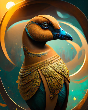 3D rendering of a decorative duck with a golden ornament on a blue background AI Generatedの素材