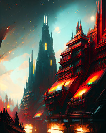 Fantasy landscape with ancient gothic temple. Digital painting. AI generatedの素材