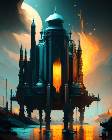 fantasy building in the moonlight at night. Digital painting AI Generatedの素材