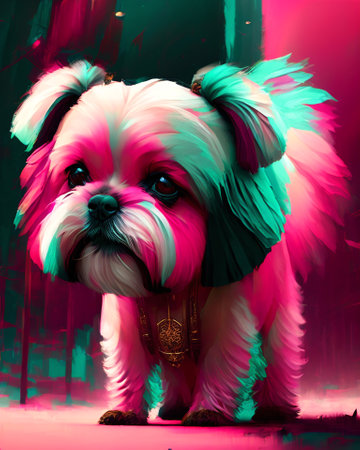 Fashion portrait of a Shih Tzu dog in neon light. AI generatedの素材