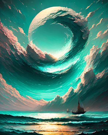 Sailing boat in the sea at sunset. 3D illustration. AI generatedの素材