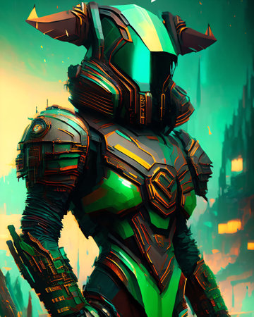 Futuristic cyborg with green armor on the background of the city AI Generatedの素材
