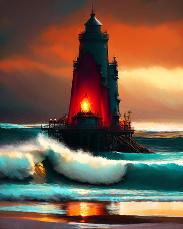 Lighthouse in the sea at sunset. 3d rendering. Computer digital drawing. AI generatedの素材