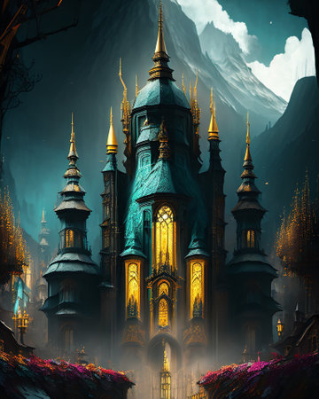 Fantasy landscape with church in the mountains. 3D illustration. AI generatedの素材