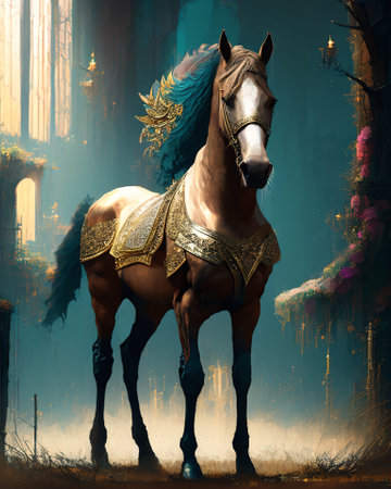 Horse with golden armor in the fantasy forest. 3D rendering AI Generatedの素材
