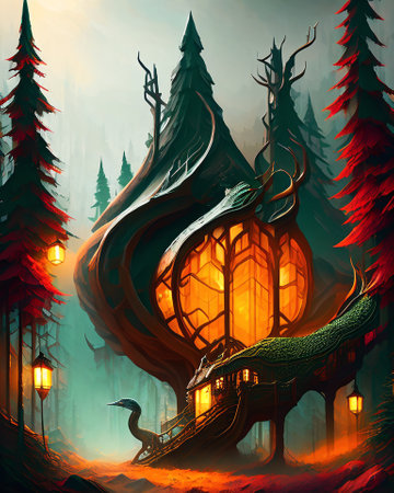 Fantasy landscape with a house in the forest and a dragon. AI generatedの素材