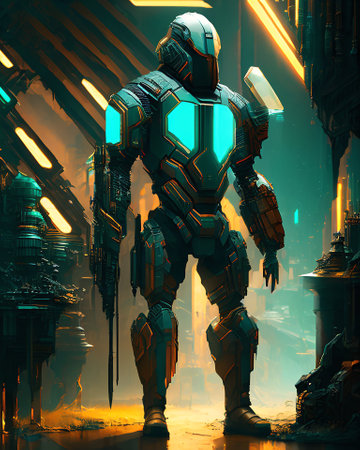 3D rendering of a futuristic robot in a cyborg suit. AI generatedの素材