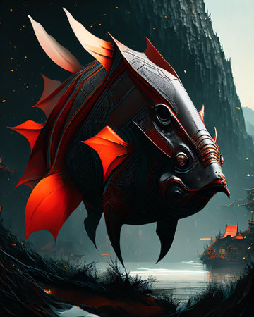 3D Illustration of a fantasy red huge fish AI Generatedの素材