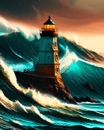 Lighthouse in the ocean at sunset. 3D rendering. Computer digital drawing. AI generatedの素材
