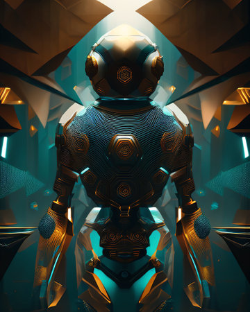 Cyborg in front of a futuristic background. 3D rendering. AI generatedの素材