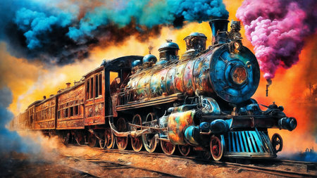 Old steam locomotive with red smoke in the sky. 3d illustrationの素材