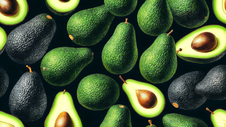 Avocado pattern on black background, top view. Healthy foods.の素材