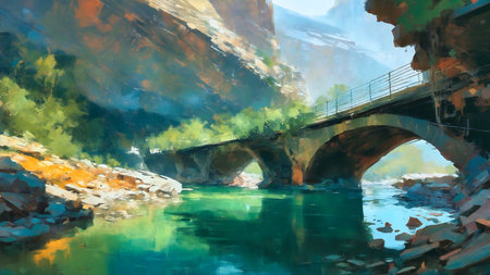 Digital painting of a bridge over a river in the mountains.の素材
