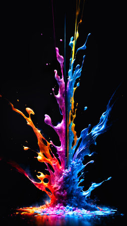 Colorful paint splashes isolated on black background. Abstract background. 3D rendering.の素材