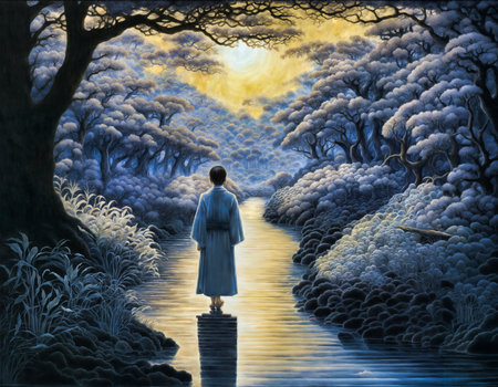 Illustration of a boy in a long white dress walking in a winter forest on a river at sunsetの素材
