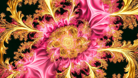 Image of a pink and gold flower with a black background and gold accents on the petals, fractals, analytical art. Abstract art background for creative design wallpaper posterの素材