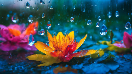Water drops on yellow flower. Art photographyの素材