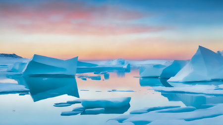 a group of icebergs floating in the water at sunset or dawn with a colorful sky in the background, photorealism Global warming conceptの素材