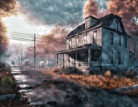 Abandoned house in the forest with smoke and fire in the backgroundの素材