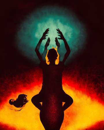 Silhouette of a mythical praying woman in black in front of a fire and smoke background with her hands up, digital storybook illustration, metaphysical paintingの素材