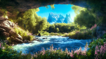 Fantasy landscape with wild mountain river and forest. Digital painting.の素材