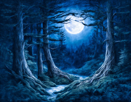 a painting of a dark forest with a full moon in the background and a path leading to the woods at night, creepy, matte fantasy paintingの素材