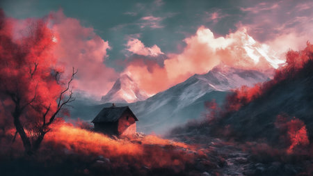 Fantasy landscape with an old house in the mountains. 3d renderingの素材
