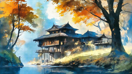 Watercolor painting of traditional japanese house on the lake.の素材