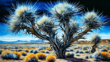 a painting of a cactus in the desert with a blue sky and a few yellow bushesの素材