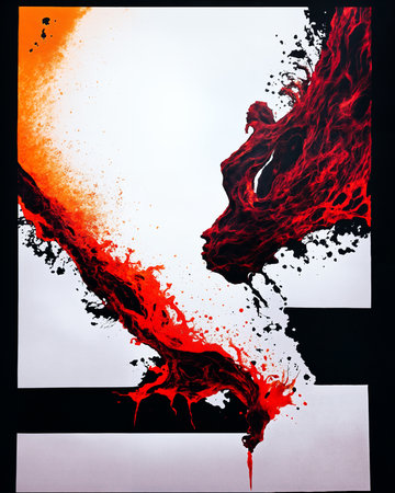 abstract background with red ink splashes on black and white paperの素材