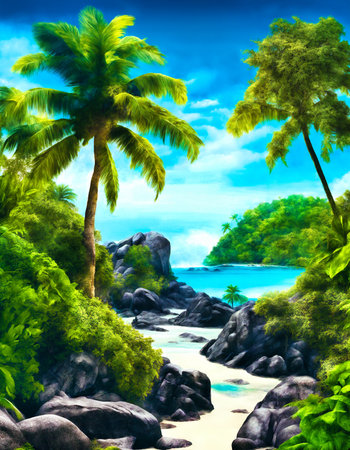 Tropical beach with palm trees and rocks. Digital painting.の素材