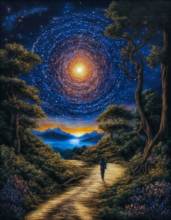 A man walks along the path leading to the sun through the forestの素材