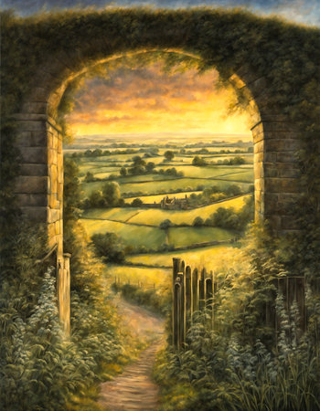 Digital painting of a path leading through an arch in the countrysideの素材
