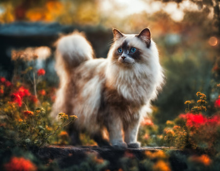 Beautiful cat with blue eyes on the background of the autumn garden, a field of flowers, Bourgeois, magnificent, an impressionist painting,の素材