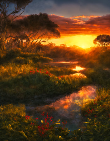 Sunset over a river with trees in the background - digital paintingの素材