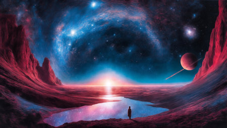 Woman standing on the edge of an alien planet. 3D renderingの素材