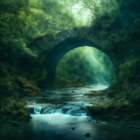 Foggy landscape with a river flowing through a stone arch.の素材