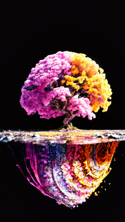 a tree with colorful flowers in the middle of water with a black background and surreal a reflection of the tree, psychedelic artの素材