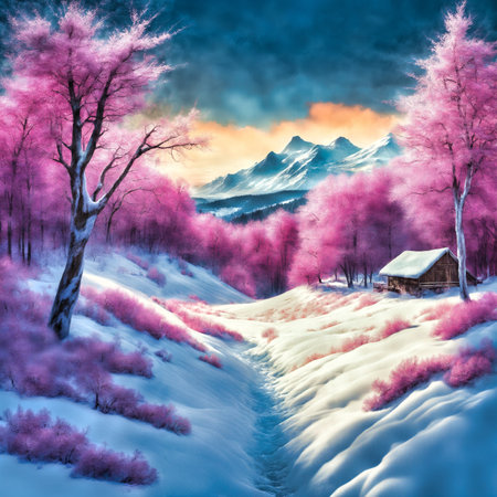 a painting of a snowy landscape with a cabin in the distance and trees in the foreground and a mountain range in the background, highly detailed digital paintingの素材