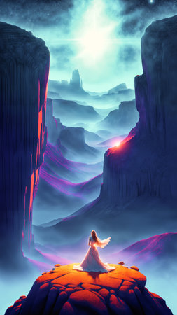 Young woman standing on the edge of a cliff. 3D illustration. matte painting, fantasy artの素材