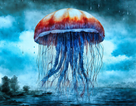 Jellyfish floating in the sea. 3D render illustration.の素材