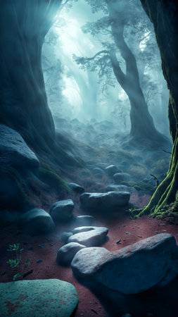 Mysterious Red Forest. Fantasy scenery. 3D renderingの素材