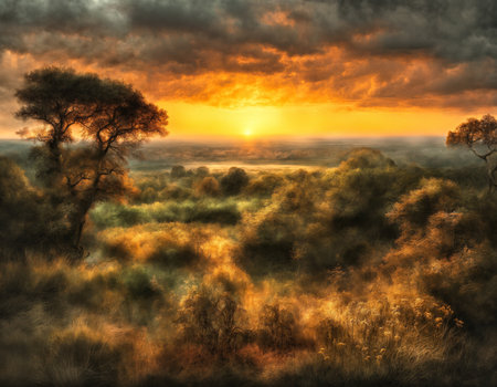 Sunset over the foggy landscape with trees and bushes in the foregroundの素材