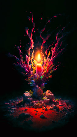 Burning candle in the form of a flower on a black backgroundの素材