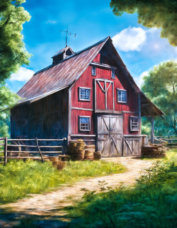 Digital painting of an old red barn in the countryside on a sunny day.の素材